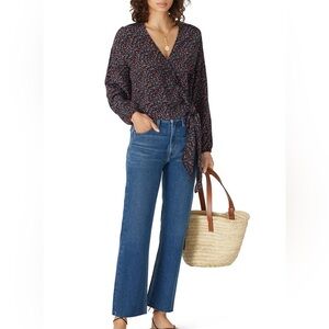 Madewell silk Floral Raelynn Wrap Top tie front black red M crop boho coastal